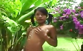 Teen asian ts dildoing in the garden